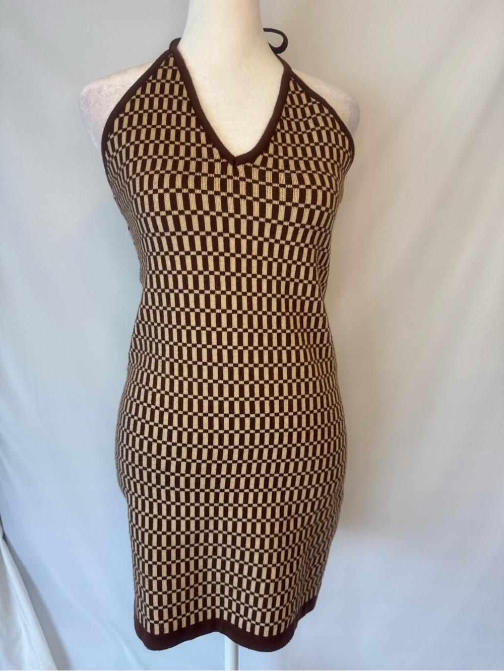 Cotton Candy Brown & Cream Retro-Checkered Halter Knit Mini Dress